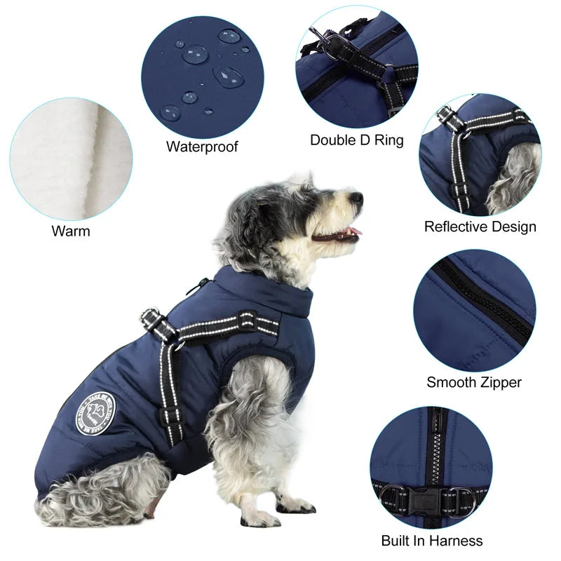 Winter Warm Dog Jacket Waterproof Pet Coat with Harness