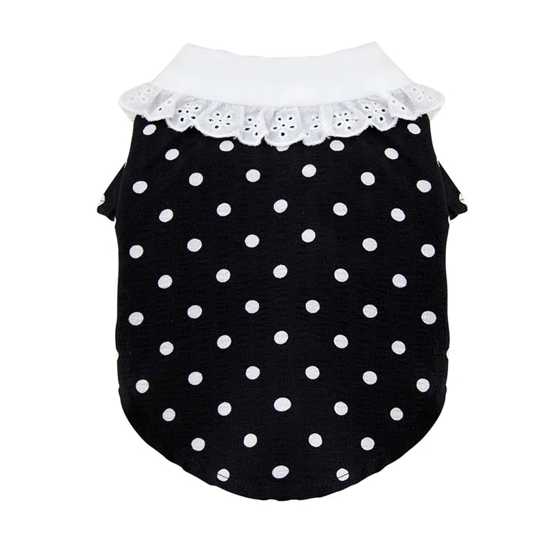 Cute Polka Dotted Lace Bow Black & White Puppy T-shirt for Small Dogs