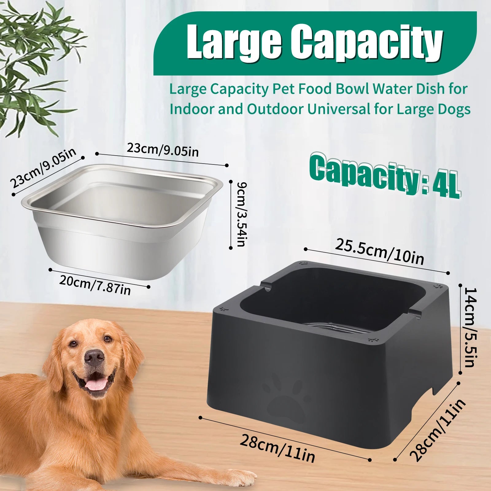 4L Large Dog Water Bowl with Stainless Steel Design