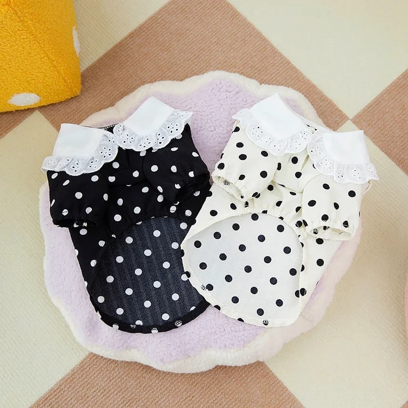 Cute Polka Dotted Lace Bow Black & White Puppy T-shirt for Small Dogs