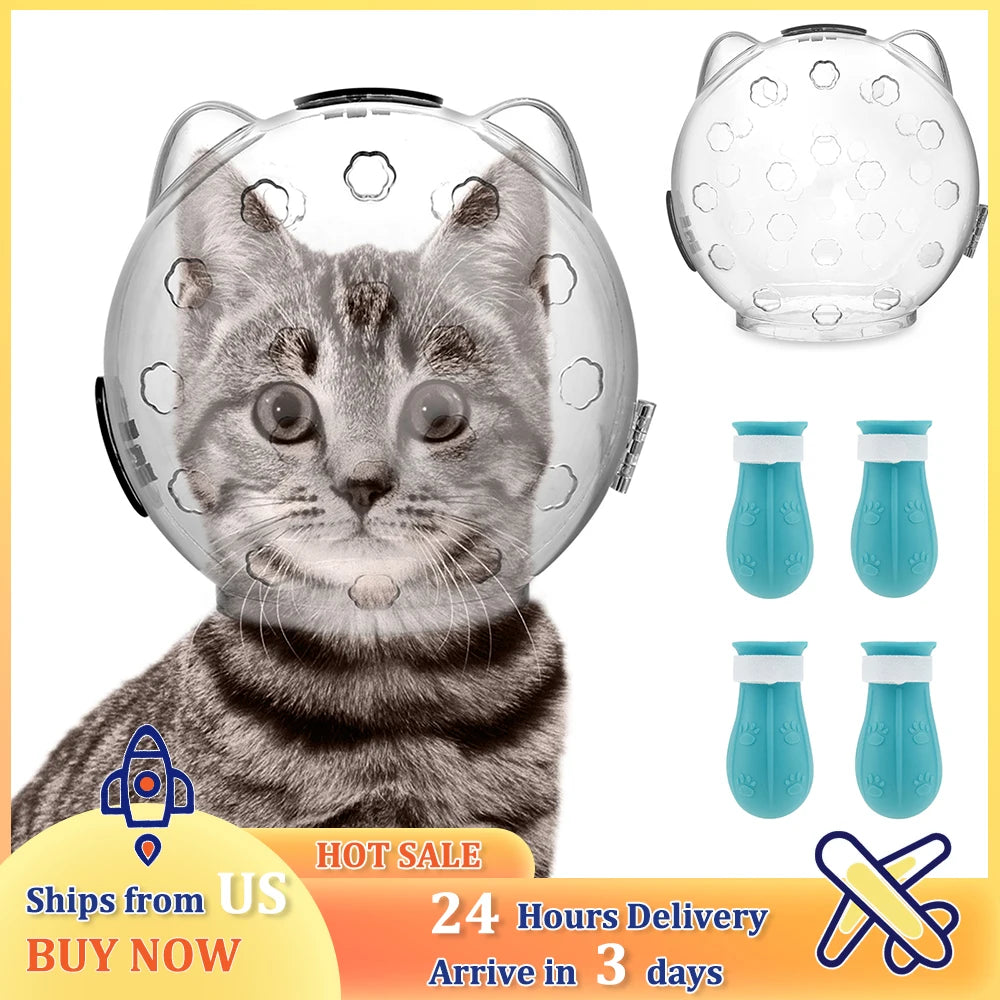 Cat Muzzle & Silicone Paw Shoes Set – Anti-Bite Protective Space Hood for Grooming