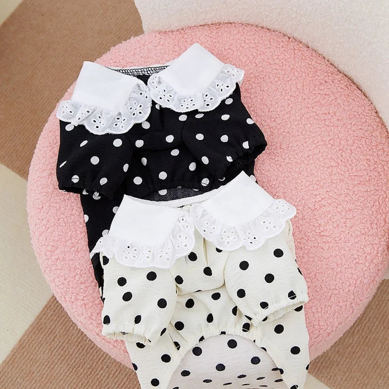 Cute Polka Dotted Lace Bow Black & White Puppy T-shirt for Small Dogs