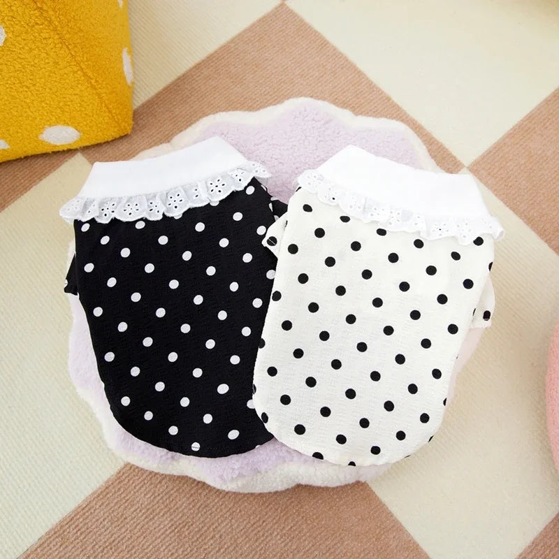 Cute Polka Dotted Lace Bow Black & White Puppy T-shirt for Small Dogs